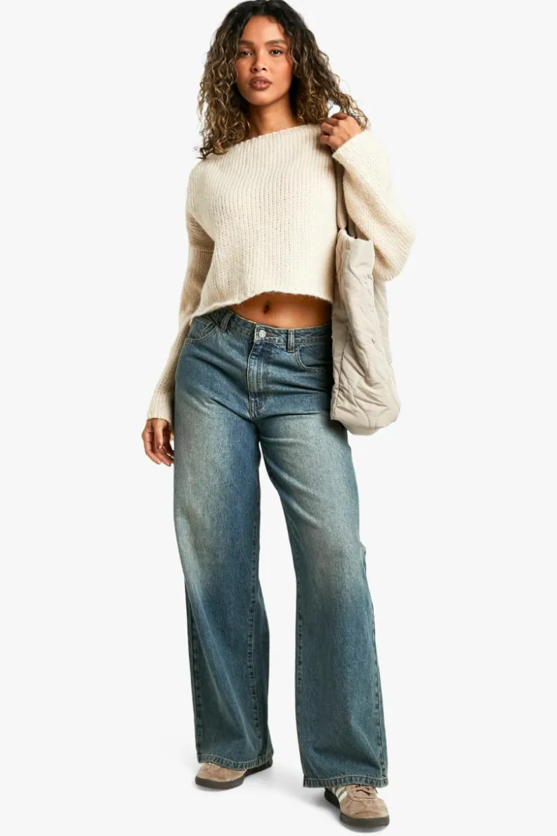 Fashion boohoo Ladder Stitch Back Detail Boxy Crop Jumper light stone