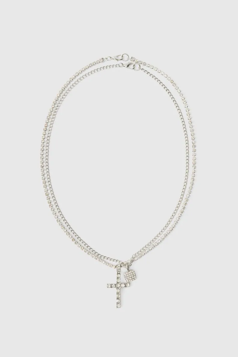 New boohooMAN Layered Cross Iced Necklace silver