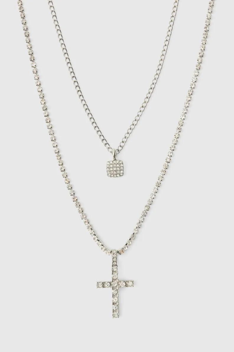New boohooMAN Layered Cross Iced Necklace silver