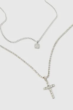 New boohooMAN Layered Cross Iced Necklace silver