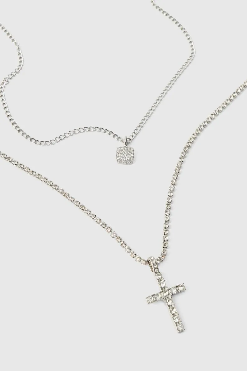 New boohooMAN Layered Cross Iced Necklace silver
