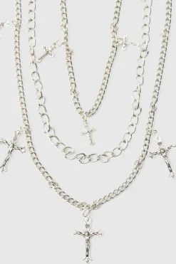 Shop boohooMAN Layered Cross Jean Chain In silver