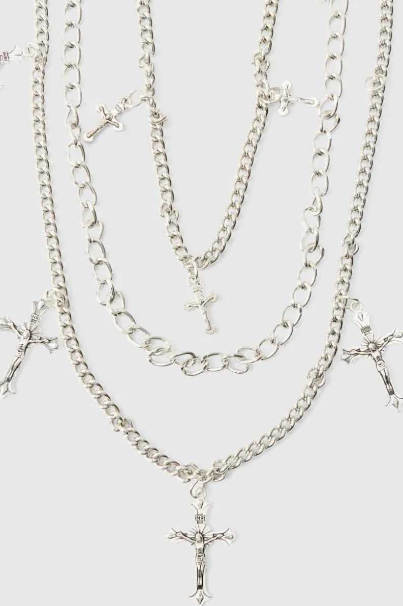 Shop boohooMAN Layered Cross Jean Chain In silver