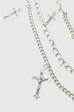 Shop boohooMAN Layered Cross Jean Chain In silver
