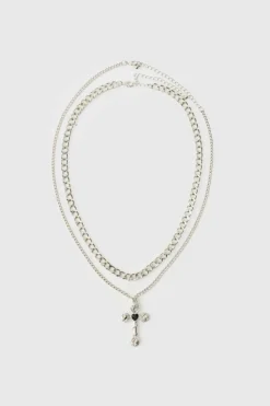New boohooMAN Layered Cross Necklace silver