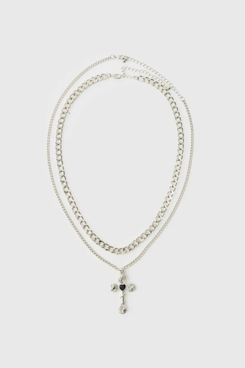New boohooMAN Layered Cross Necklace silver