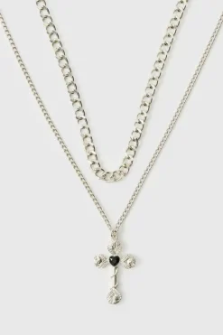 New boohooMAN Layered Cross Necklace silver