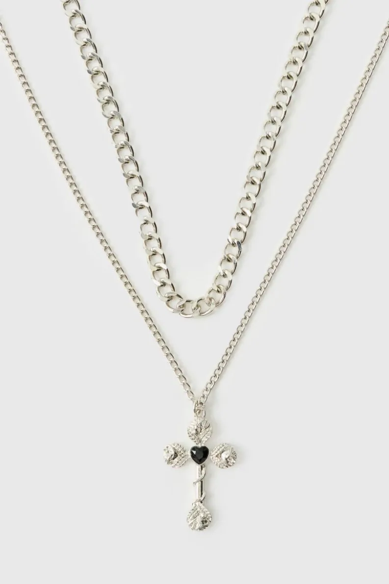 New boohooMAN Layered Cross Necklace silver