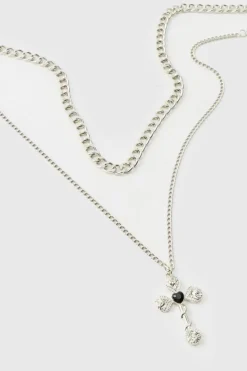 New boohooMAN Layered Cross Necklace silver
