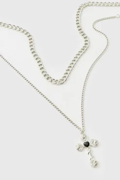 New boohooMAN Layered Cross Necklace silver