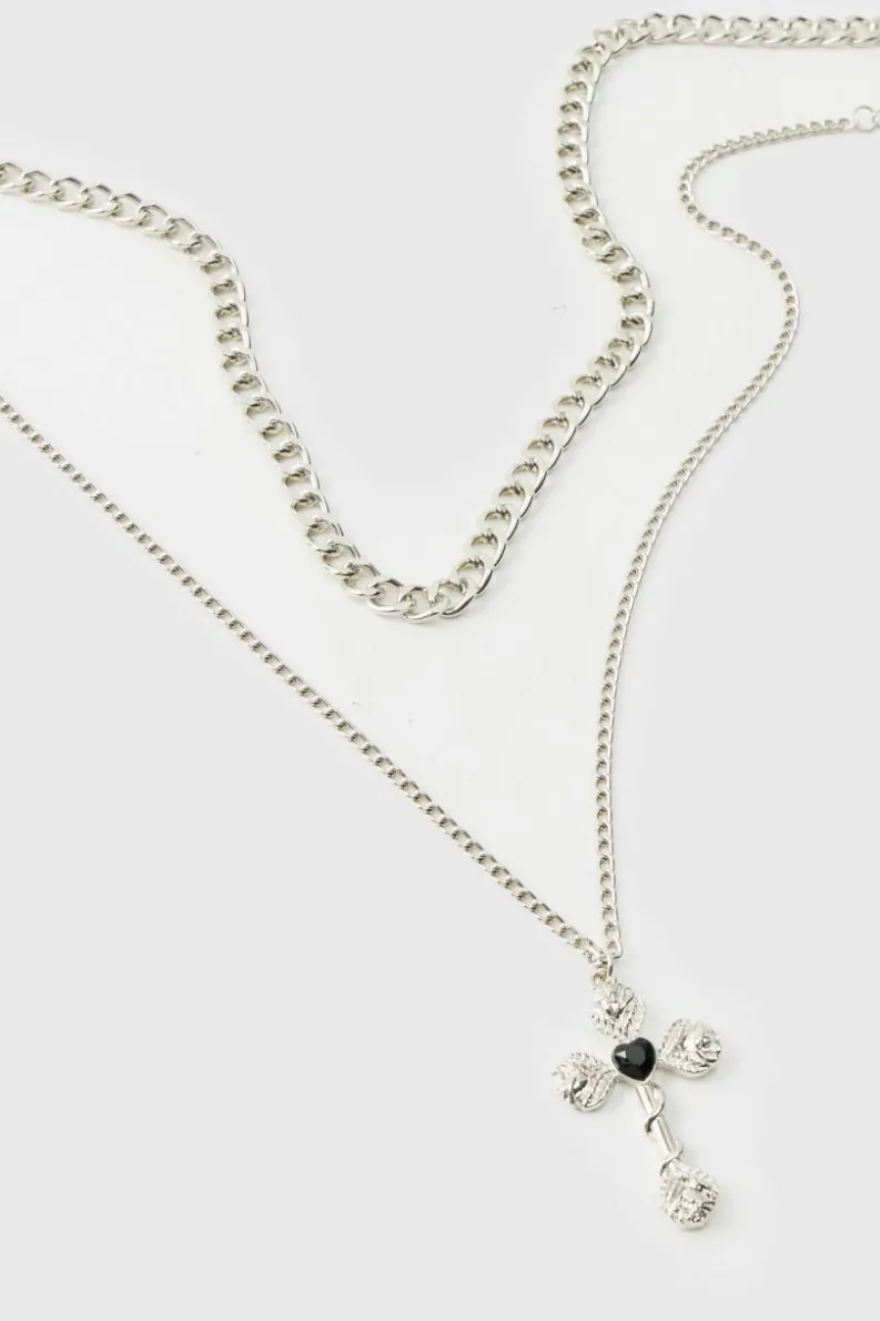 New boohooMAN Layered Cross Necklace silver