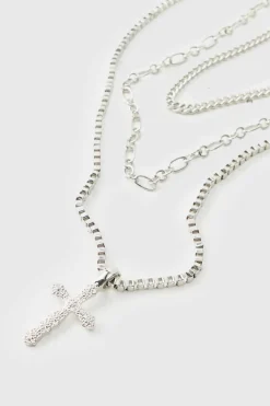 Outlet boohooMAN Layered Cross Necklace silver