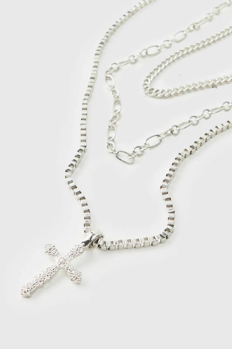 Outlet boohooMAN Layered Cross Necklace silver