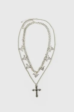 Online boohooMAN Layered Cross Necklace With Charms silver
