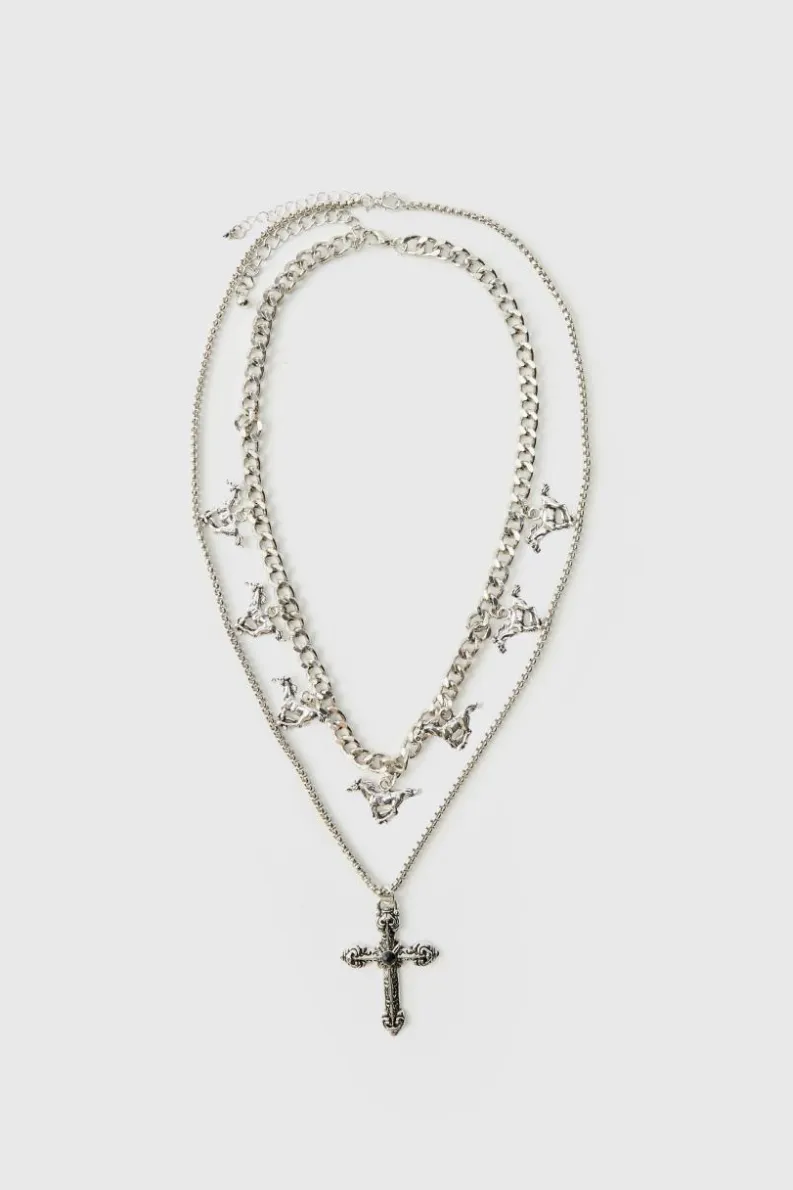Online boohooMAN Layered Cross Necklace With Charms silver