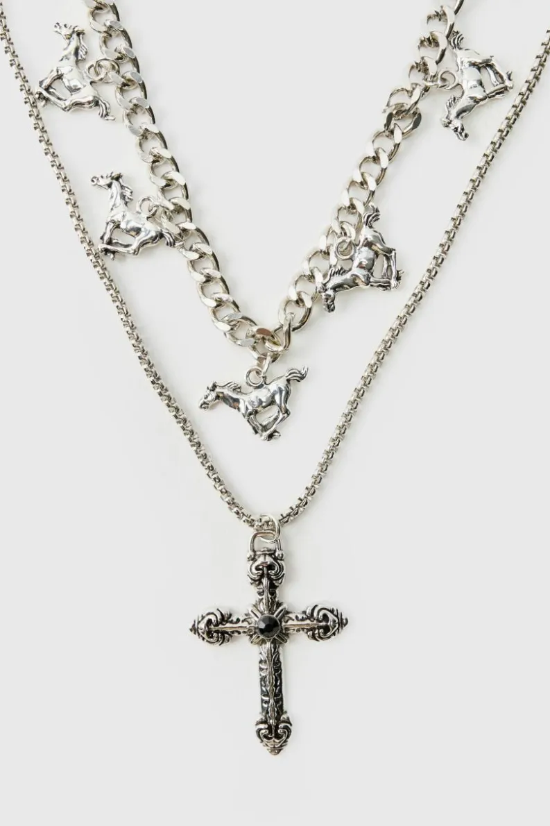 Online boohooMAN Layered Cross Necklace With Charms silver