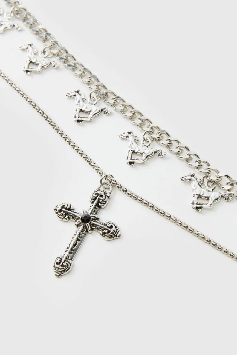 Online boohooMAN Layered Cross Necklace With Charms silver
