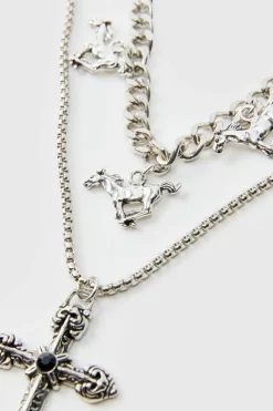 Online boohooMAN Layered Cross Necklace With Charms silver