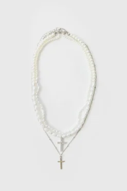 Hot boohooMAN Layered Cross Necklace With Pearls silver