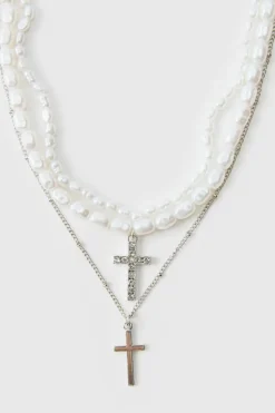 Hot boohooMAN Layered Cross Necklace With Pearls silver