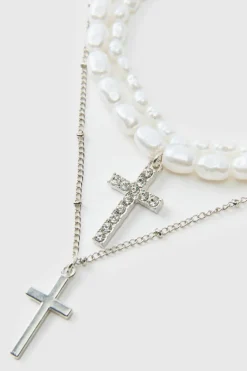 Hot boohooMAN Layered Cross Necklace With Pearls silver