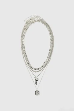 Shop boohooMAN Layered Double Pendant Necklace silver