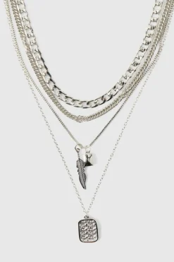 Shop boohooMAN Layered Double Pendant Necklace silver