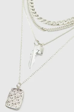 Shop boohooMAN Layered Double Pendant Necklace silver