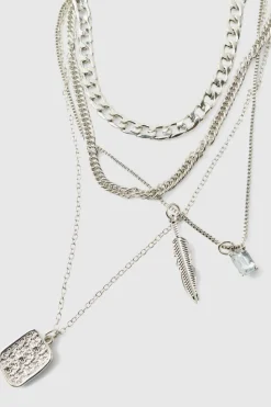 Shop boohooMAN Layered Double Pendant Necklace silver