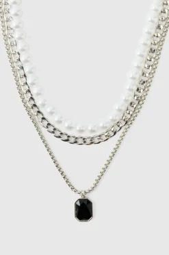 Flash Sale boohooMAN Layered Gem Pendant Necklace silver