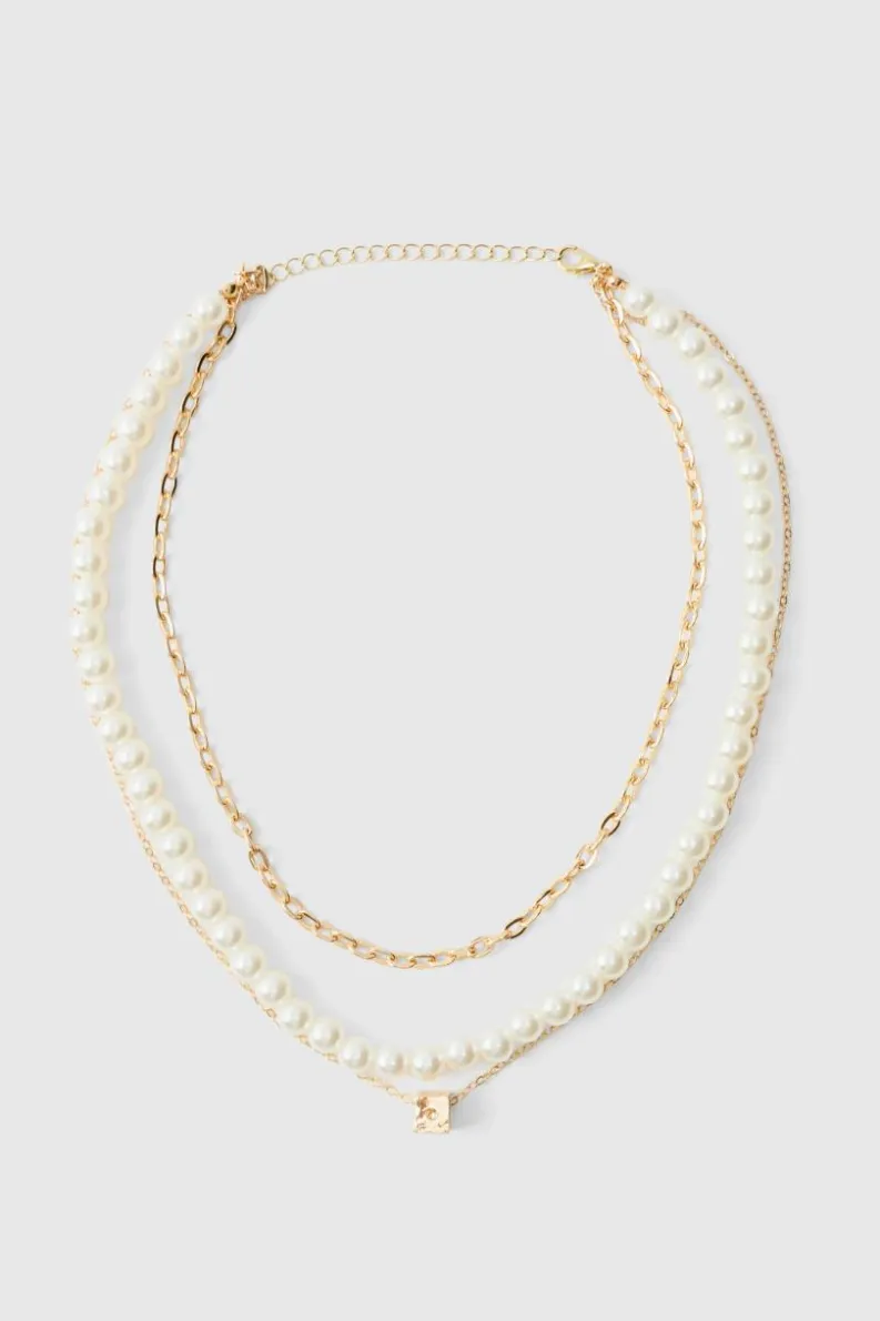 Store boohooMAN Layered and Pearl Necklace gold