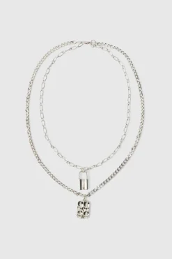 Shop boohooMAN Layered Lock Necklace silver