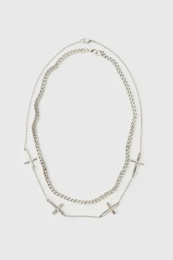 Fashion boohooMAN Layered Necklace with Cross Charms silver