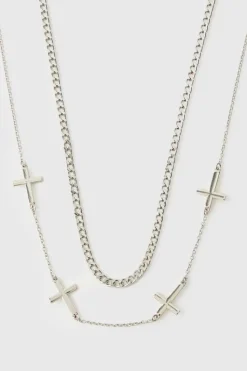 Fashion boohooMAN Layered Necklace with Cross Charms silver