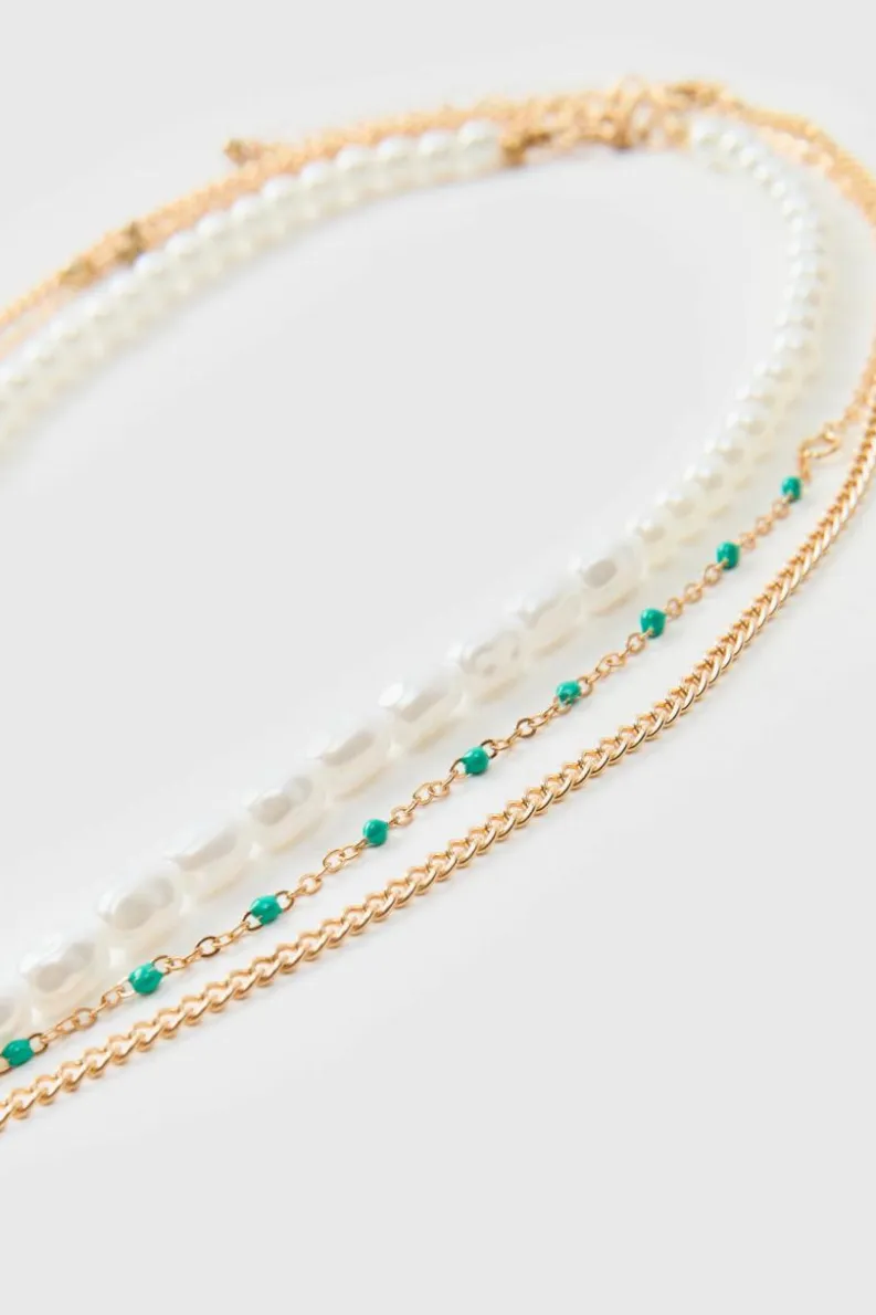 Hot boohooMAN Layered Pearl Necklace In gold