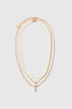 Discount boohooMAN Layered Pearl Necklace With Cross Pendant in gold