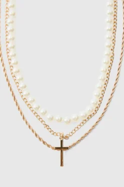 Discount boohooMAN Layered Pearl Necklace With Cross Pendant in gold