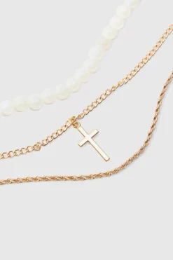 Discount boohooMAN Layered Pearl Necklace With Cross Pendant in gold