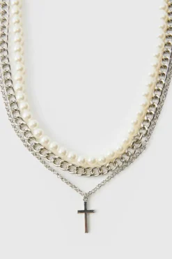 Best boohooMAN Layered Pearl Necklace With Cross Pendant in silver