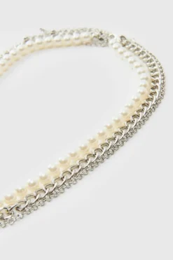Best boohooMAN Layered Pearl Necklace With Cross Pendant in silver