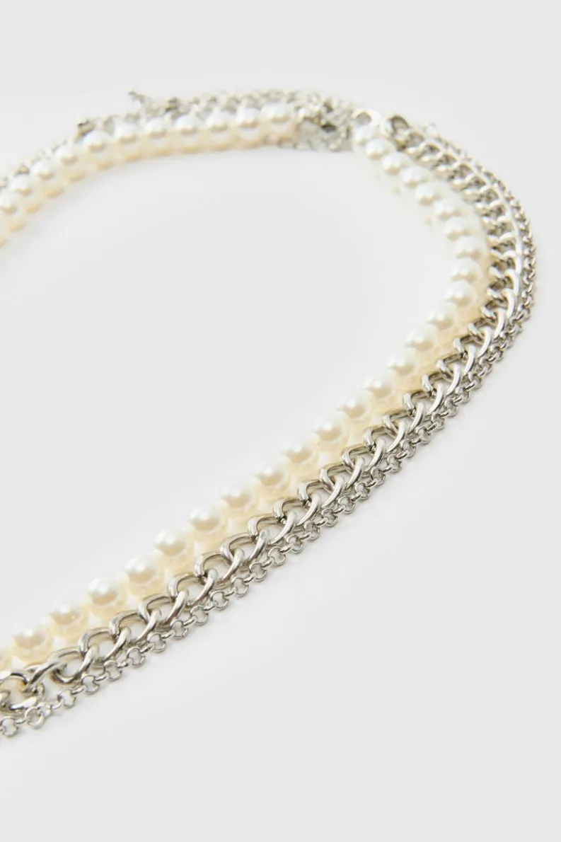 Best boohooMAN Layered Pearl Necklace With Cross Pendant in silver