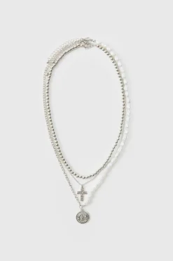 Fashion boohooMAN Layered Pearl Necklace With Pendants silver