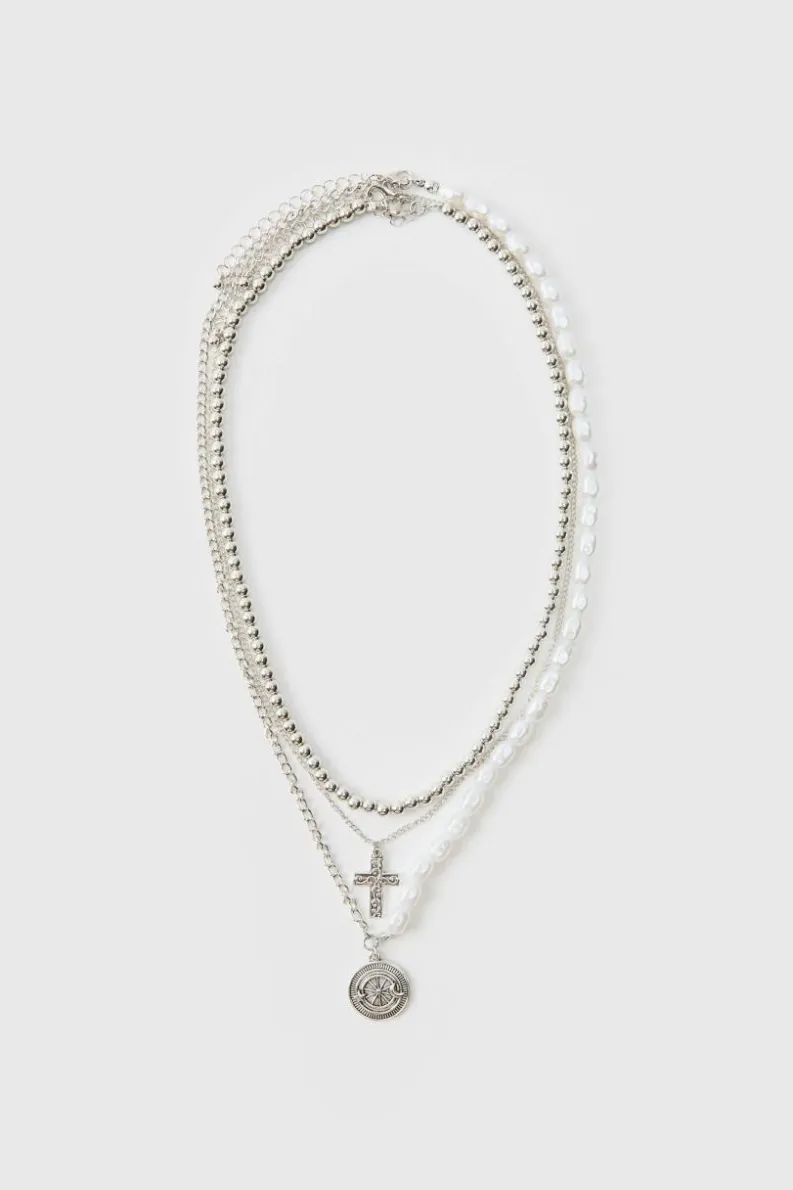 Fashion boohooMAN Layered Pearl Necklace With Pendants silver