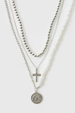 Fashion boohooMAN Layered Pearl Necklace With Pendants silver