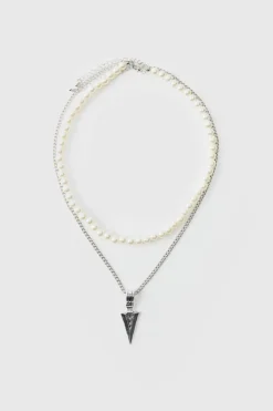 Cheap boohooMAN Layered Pearl Necklace With Spike Charm silver