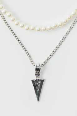 Cheap boohooMAN Layered Pearl Necklace With Spike Charm silver