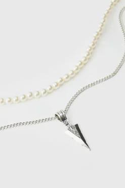 Cheap boohooMAN Layered Pearl Necklace With Spike Charm silver