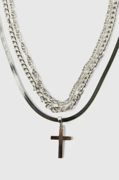Cheap boohooMAN Layered Cross Necklace silver