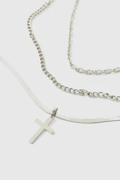 Cheap boohooMAN Layered Cross Necklace silver