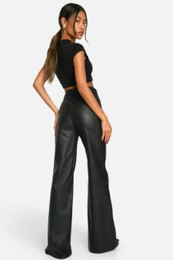 Flash Sale boohoo Leather Look High Waisted Seam Front Flared Trousers black